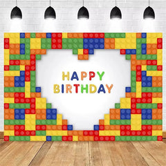 Aperturee - Aperturee Building Blocks Happy Birthday Backdrop Colorful Bricks Print for Kids Party Construction Toy Photo Booth Decor