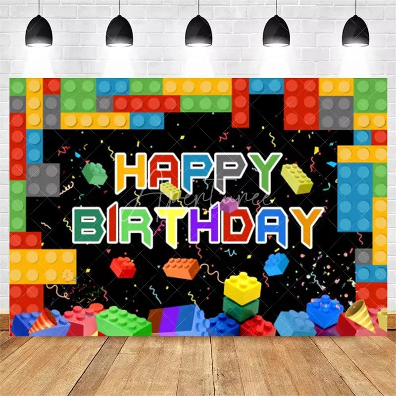 Aperturee - Aperturee Building Blocks Happy Birthday Backdrop Colorful Bricks Print for Kids Party Construction Toy Photo Booth Decor