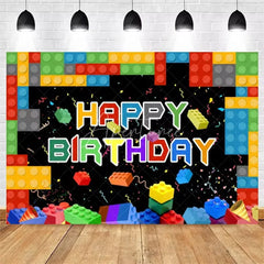 Aperturee - Aperturee Building Blocks Happy Birthday Backdrop Colorful Bricks Print for Kids Party Construction Toy Photo Booth Decor