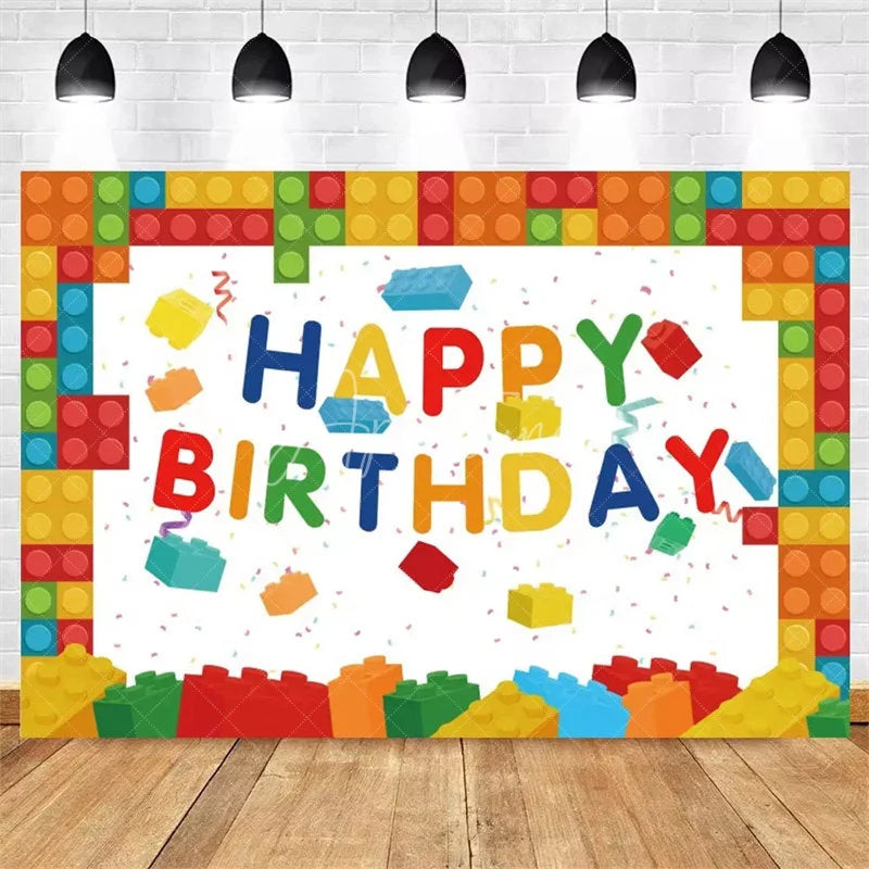Aperturee - Aperturee Building Blocks Happy Birthday Backdrop Colorful Bricks Print for Kids Party Construction Toy Photo Booth Decor