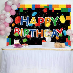 Aperturee - Aperturee Building Blocks Happy Birthday Backdrop Colorful Bricks Theme Party Background Kids Birthday Celebration Props