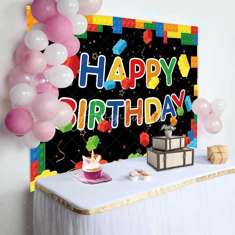 Aperturee - Aperturee Building Blocks Happy Birthday Backdrop Colorful Bricks Theme Party Background Kids Birthday Celebration Props