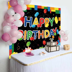 Aperturee - Aperturee Building Blocks Happy Birthday Backdrop Colorful Bricks Theme Party Background Kids Birthday Celebration Props