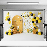 Aperturee - Aperturee Bumble Bee Photography Backdrop Honeycomb and Sunflower Birthday Party Background