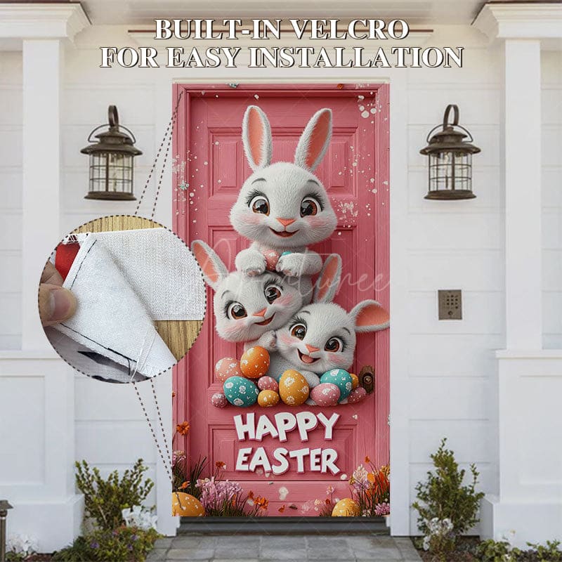 Aperturee - Aperturee Bunny Colorful Eggs Floral Pink Easter Door Cover