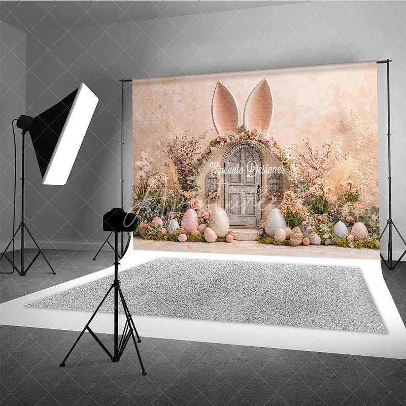 Aperturee - Aperturee Bunny Ear House Easter Photography Backdrop Pastel Eggs and Spring Floral Decor Studio Background