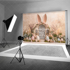 Aperturee - Aperturee Bunny Ear House Easter Photography Backdrop Pastel Eggs and Spring Floral Decor Studio Background
