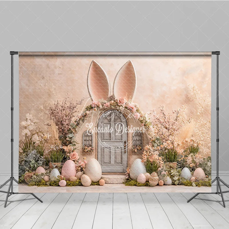 Aperturee - Aperturee Bunny Ear House Easter Photography Backdrop Pastel Eggs and Spring Floral Decor Studio Background