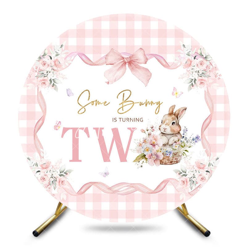 Aperturee - Aperturee Bunny Floral Pink Plaid Round 2nd Birthday Backdrop