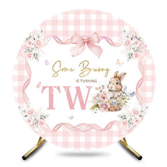 Aperturee - Aperturee Bunny Floral Pink Plaid Round 2nd Birthday Backdrop