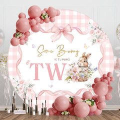 Aperturee - Aperturee Bunny Floral Pink Plaid Round 2nd Birthday Backdrop