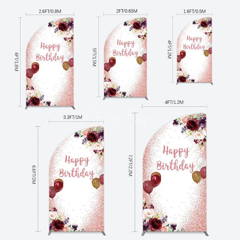 Aperturee - Aperturee Burgundy Floral Balloon Rose Birthday Half Moon Arch Backdrop