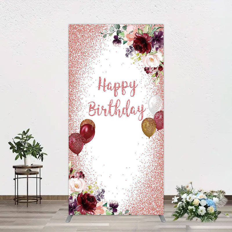 Aperturee - Aperturee Burgundy Floral Balloon Rose Birthday Rectangle Backdrop