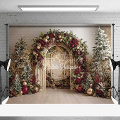 Aperturee - Aperturee Burgundy Floral Window Backdrop White Arch Gold Ornament Photography Background