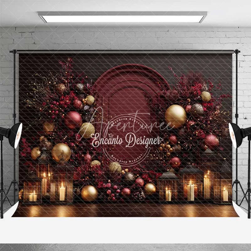 Aperturee - Aperturee Burgundy Red Christmas Backdrop Elegant Floral Arch Gold Ornament Photography Background