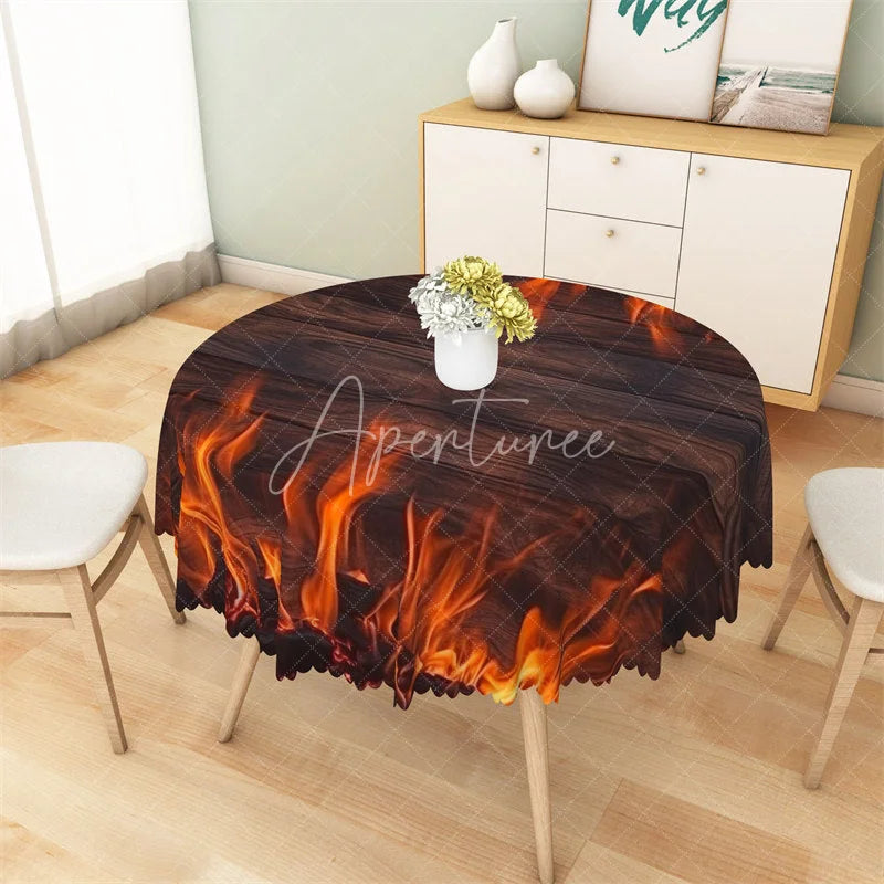Aperturee - Aperturee Burning Fire Wooden Round Tablecloth Rustic Flame Campfire Table Cover for Outdoor Party