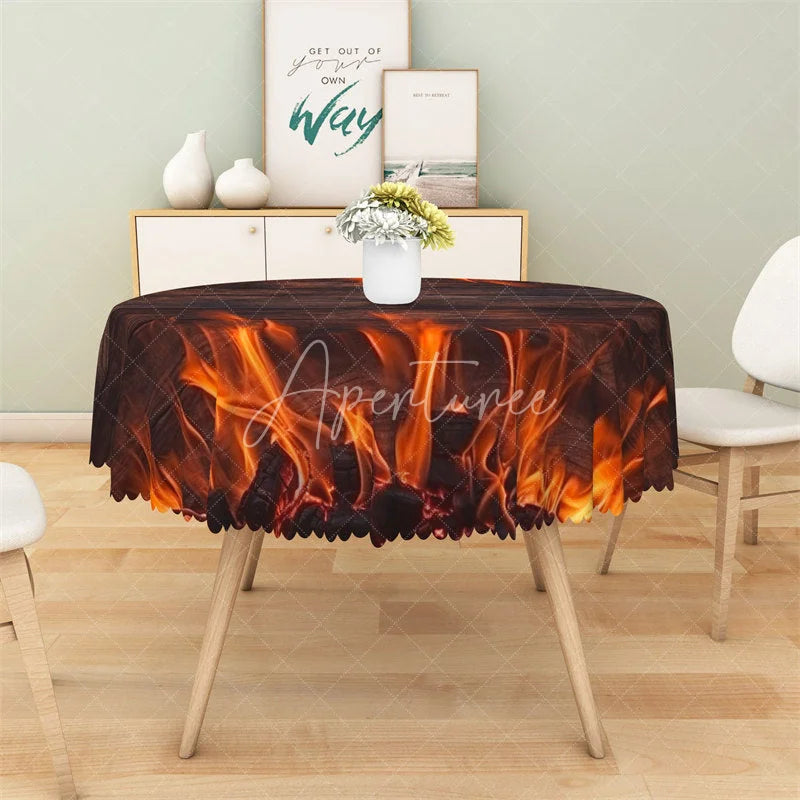 Aperturee - Aperturee Burning Fire Wooden Round Tablecloth Rustic Flame Campfire Table Cover for Outdoor Party