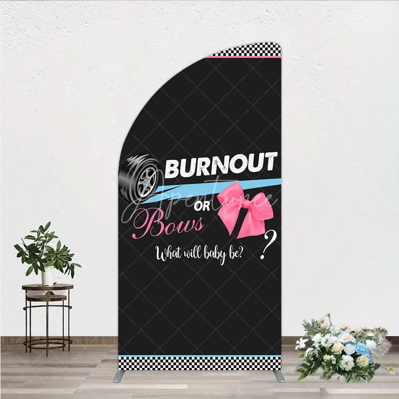 Aperturee - Aperturee Burnout or Bows Gender Reveal Half Moon Arch Backdrop What Will Baby Be Racing and Bows Baby Shower Background