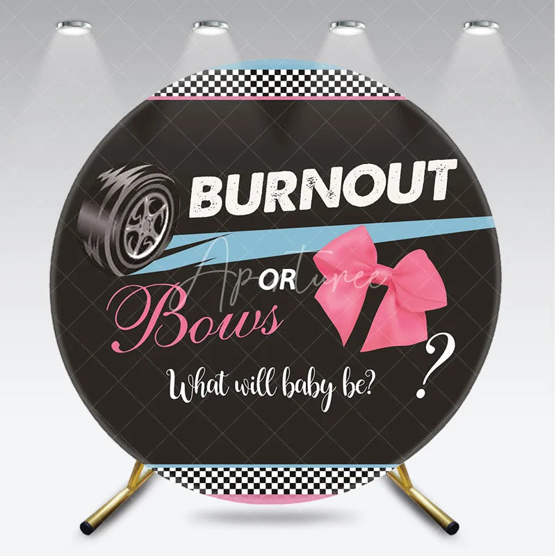 Aperturee - Aperturee Burnout or Bows Gender Reveal Round Backdrop Racing Car and Pink Bow Baby Shower Party Decoration