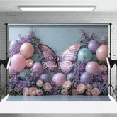 Aperturee - Aperturee Butterfly and Balloon Photography Backdrop Purple and Pink Floral Enchanted Wedding or Birthday Photo Booth