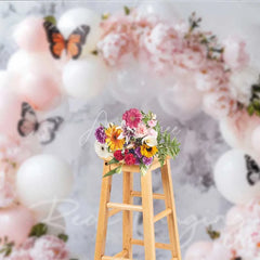 Aperturee - Aperturee Butterfly Balloon Arch Photography Backdrop Pink Flowers White Balloons Photo Background Princess Birthday Photo Prop