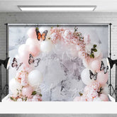 Aperturee - Aperturee Butterfly Balloon Arch Photography Backdrop Pink Flowers White Balloons Photo Background Princess Birthday Photo Prop