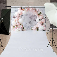 Aperturee - Aperturee Butterfly Balloon Arch Sweep Backdrop Clean White Marble Photography Floor Mat Princess Birthday Decoration