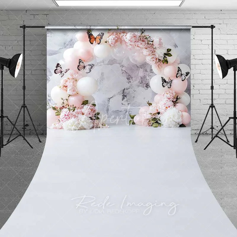 Aperturee - Aperturee Butterfly Balloon Arch Sweep Backdrop Clean White Marble Photography Floor Mat Princess Birthday Decoration