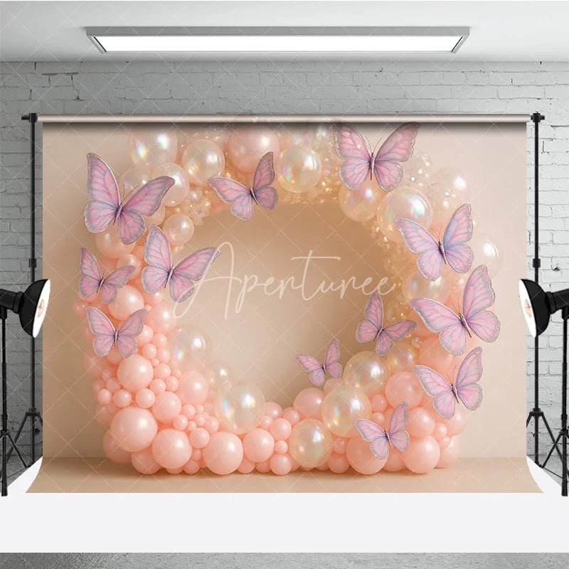 Aperturee - Aperturee Butterfly Balloon Wreath Photography Backdrop Pink and Iridescent Balloons for Birthday Cake Smash Photo Booth