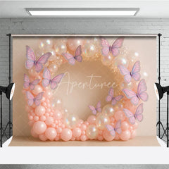 Aperturee - Aperturee Butterfly Balloon Wreath Photography Backdrop Pink and Iridescent Balloons for Birthday Cake Smash Photo Booth