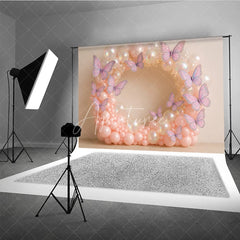 Aperturee - Aperturee Butterfly Balloon Wreath Photography Backdrop Pink and Iridescent Balloons for Birthday Cake Smash Photo Booth