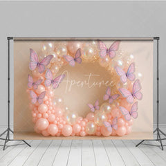 Aperturee - Aperturee Butterfly Balloon Wreath Photography Backdrop Pink and Iridescent Balloons for Birthday Cake Smash Photo Booth