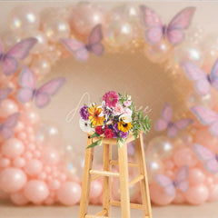 Aperturee - Aperturee Butterfly Balloon Wreath Photography Backdrop Pink and Iridescent Balloons for Birthday Cake Smash Photo Booth