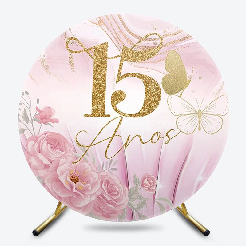 Aperturee - Aperturee Butterfly Floral Round Backdrop 15th Birthday Party Decor for Girls Floral Quinceanera Photo Circle