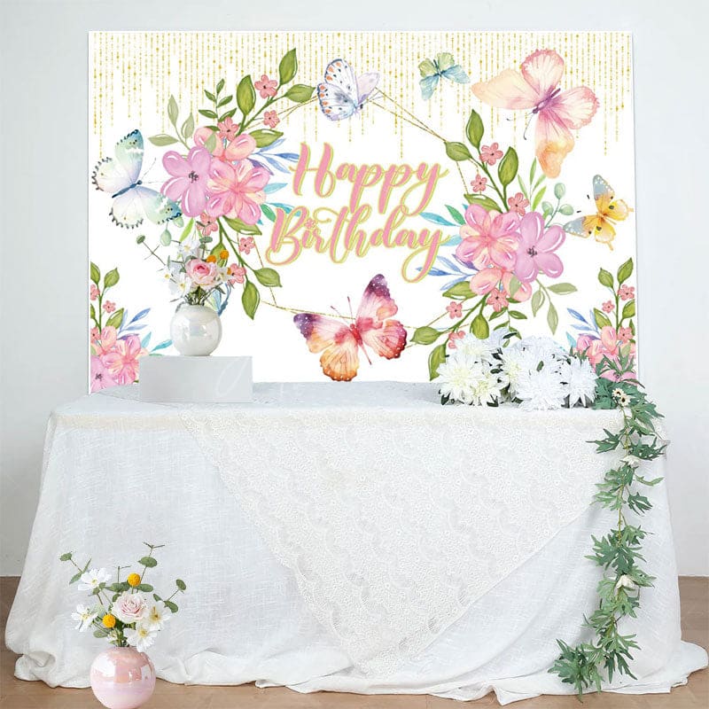Aperturee - Aperturee Butterfly Flowers Glitter Happy Birthday Backdrop