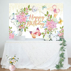 Aperturee - Aperturee Butterfly Flowers Glitter Happy Birthday Backdrop