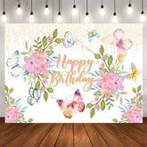 Aperturee - Aperturee Butterfly Flowers Glitter Happy Birthday Backdrop
