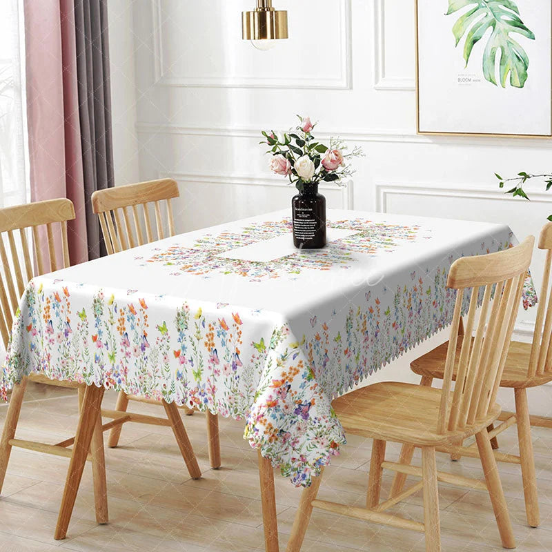 Aperturee - Aperturee Butterfly Garden Rectangle Tablecloth Wildflower Border Dining Table Cover Decor