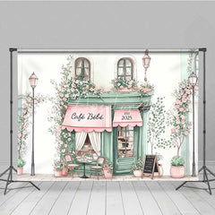 Aperturee - Aperturee Cafe Bebe French Storefront Backdrop Romantic Pink Rose Street Scene Party Banner