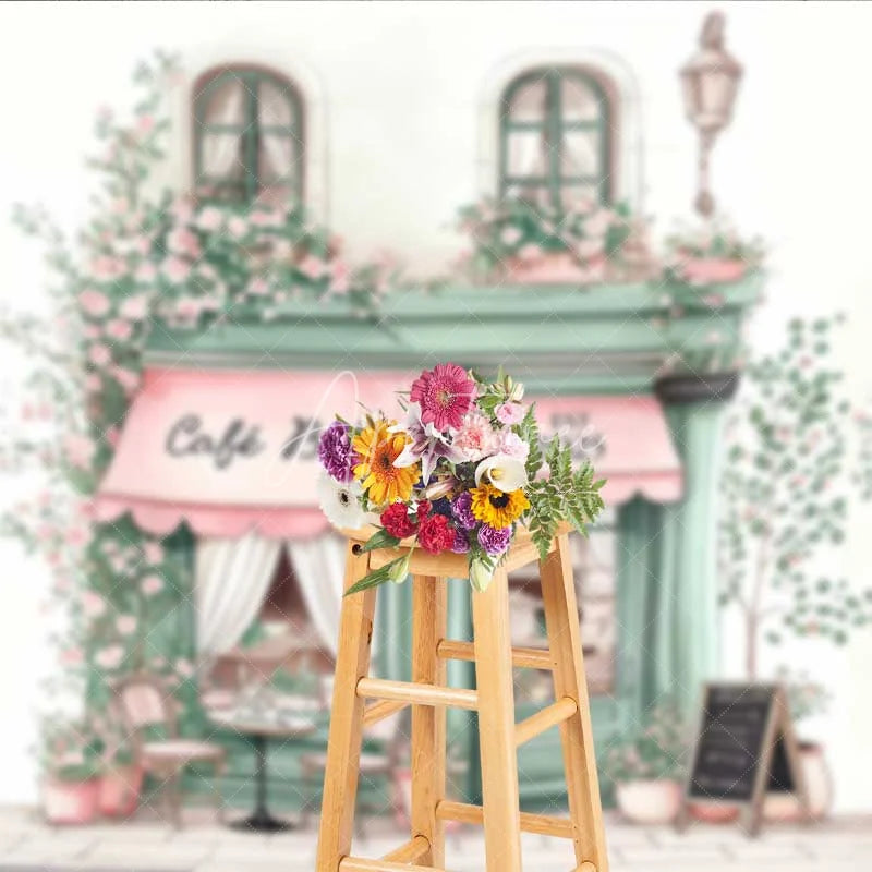Aperturee - Aperturee Cafe Bebe French Storefront Backdrop Romantic Pink Rose Street Scene Party Banner