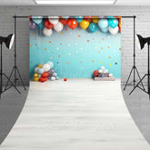 Aperturee Aperturee Cake Smash Sweep Photography Backdrop with Colorful Balloons and Stars Teal Wall with Light Wood Floor Studio Photo Prop
