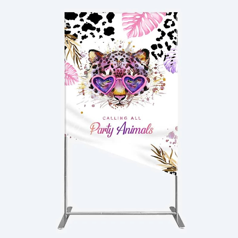 Aperturee - Aperturee Calling All Party Animals Rectangle Backdrop Wild Leopard Pink Glasses Safari Decor