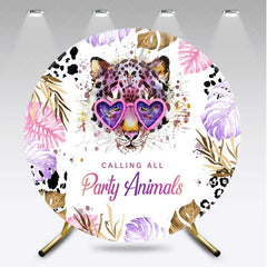 Aperturee - Aperturee Calling All Party Animals Round Backdrop Leopard with Heart Glasses and Tropical Leaves Background