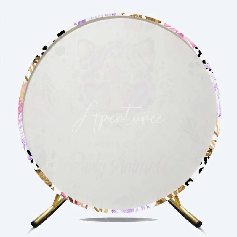 Aperturee - Aperturee Calling All Party Animals Round Backdrop Leopard with Heart Glasses and Tropical Leaves Background