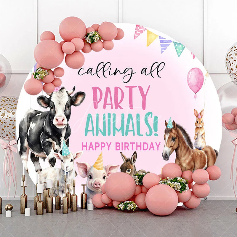 Aperturee - Aperturee Calling All Party Animals Round Backdrop Watercolor Farm Animals Birthday Barnyard Photo Booth Decor for Kids