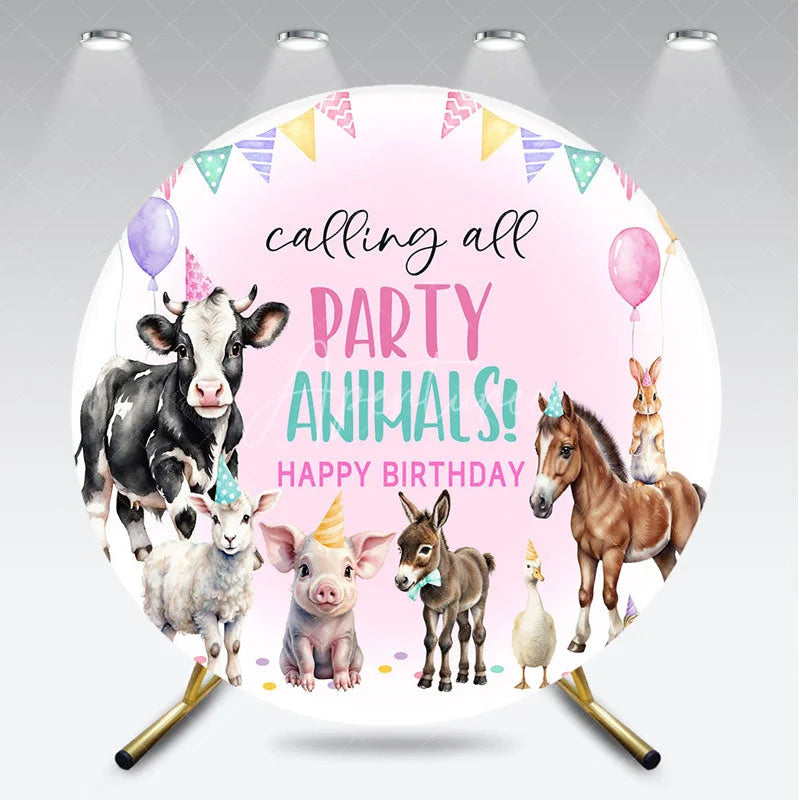 Aperturee - Aperturee Calling All Party Animals Round Backdrop Watercolor Farm Animals Birthday Barnyard Photo Booth Decor for Kids