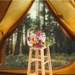 Aperturee - Aperturee Camping Tent View Forest Backdrop Sunlit Pine Trees and Wilderness Photography Background for Outdoor Adventure
