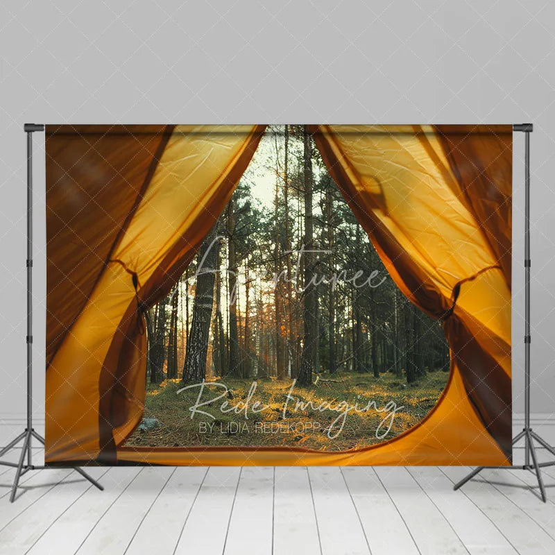 Aperturee - Aperturee Camping Tent View Forest Backdrop Sunlit Pine Trees and Wilderness Photography Background for Outdoor Adventure