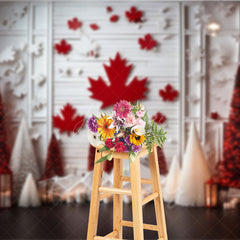 Aperturee Aperturee Canadian Christmas Photography Backdrop Red Maple Leaf on White Wood Wall Winter Wonderland Holiday Photo Prop