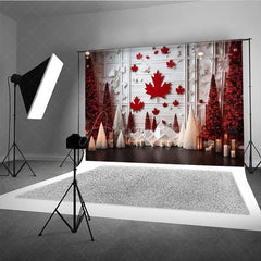Aperturee Aperturee Canadian Christmas Photography Backdrop Red Maple Leaf on White Wood Wall Winter Wonderland Holiday Photo Prop